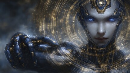 Highly detailed futuristic female or cyborg with glowing blue eyes, cybernetic enhancements, metallic skin, intricate technology design, digital interface background