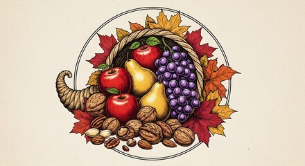 Autumn harvest cornucopia illustration with apples grapes pears nuts and colorful fall leaves.