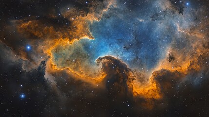 Fototapeta premium Cosmic nebula with vibrant orange and blue hues, interstellar gas and dust clouds, star formation.