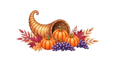 Autumn cornucopia filled with pumpkins grapes and colorful fall leaves on white background.
