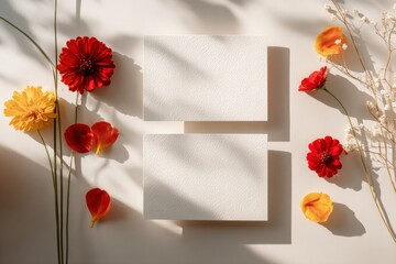 Elegant flat lay composition with blank textured paper cards surrounded by vibrant red and yellow flowers on soft neutral background for craft and decoration design