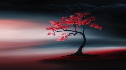 Solitary red tree against a moody sky nature scene digital art ethereal landscape artistic viewpoint