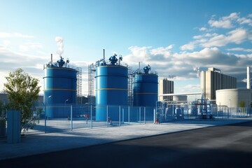 Obraz premium Industrial storage tanks at chemical plant during clear blue sky in afternoon light