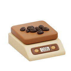 3D Close-up of coffee beans weighed on electronic scale, ideal for food, beverage, or coffee shop promotion.