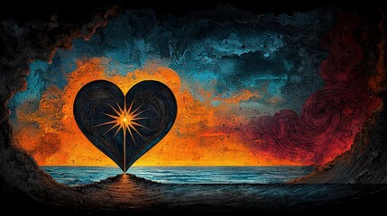 Fototapeta premium Emotional sunset heart shape ocean view digital art serene environment artistic perspective love concept