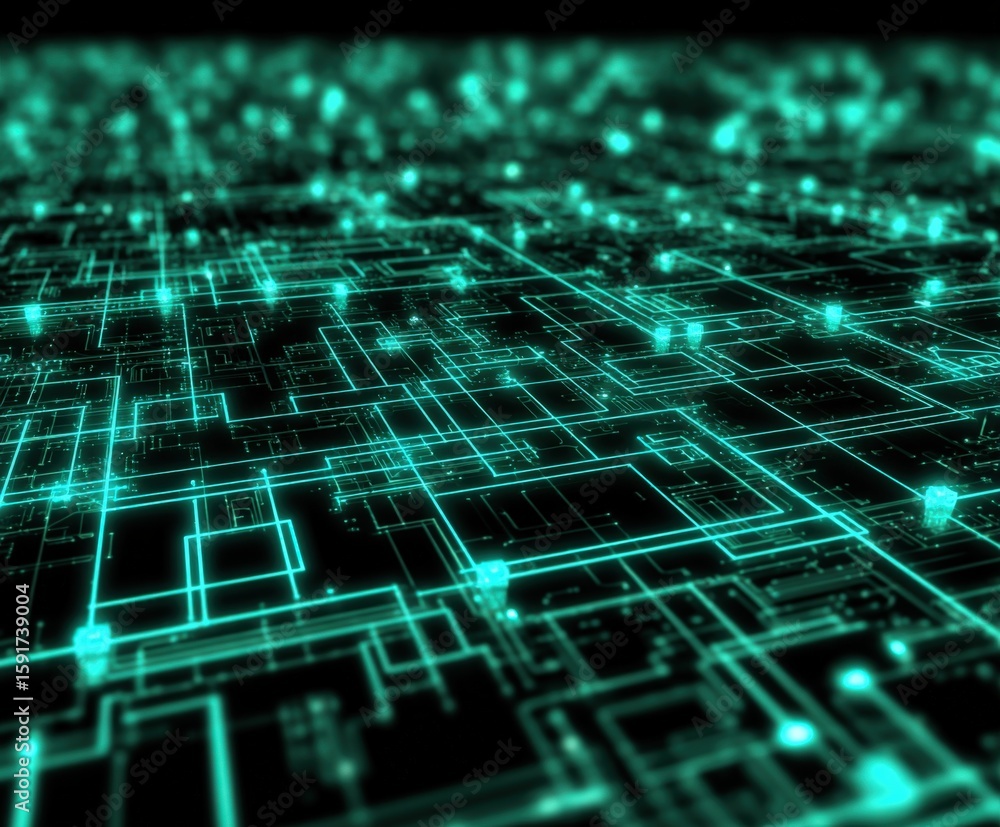 Poster futuristic digital abstract background with glowing holographic grid lines and light particles repre