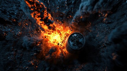 Explosive event fireball erupts from ground digital realm 3d render nighttime aerial view catastrophic destruction