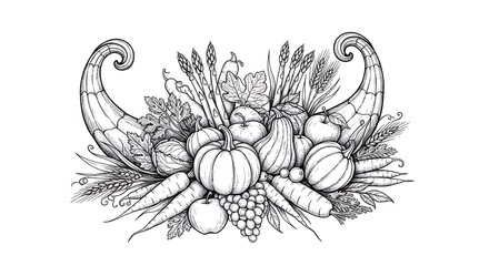 Hand Drawn Cornucopia With Pumpkins Carrots Grapes And Vegetables Line Art Illustration.