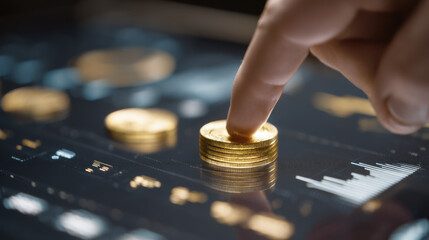 Hand placing gold coin on digital trading board with financial data and charts, symbolizing investment and economic growth in futuristic setting