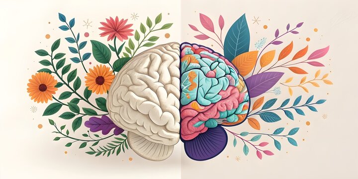 Human brain with spring colorful flowers. Concept of mental health, self care, happiness, harmony, positive thinking, creative mind. World Mental Health day. Generative ai.
