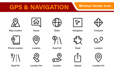 GPS and Navigation Line Icons Pack. Location marker, street map, travel route, direction arrow, geofence, and compass icons. Modern outline collection.