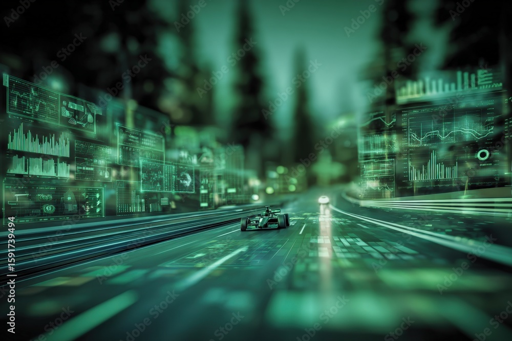 Poster futuristic autonomous race car driving on a digital virtual highway with holographic data screens in