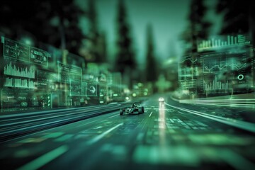 Futuristic autonomous race car driving on a digital virtual highway with holographic data screens in a high-tech forest environment