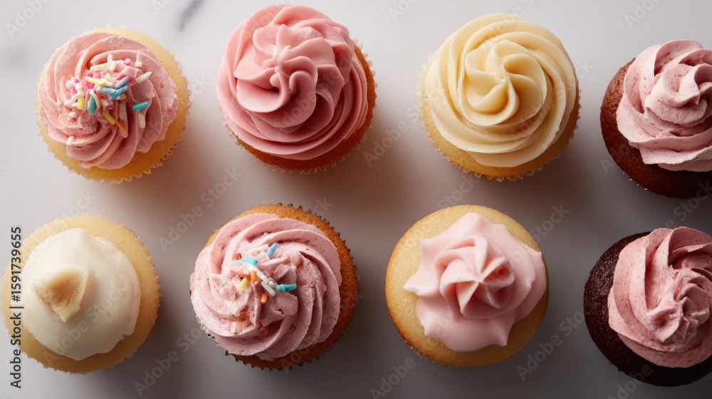 Poster assorted cupcakes with colorful frostings and sprinkles displayed on white surface for dessert and c