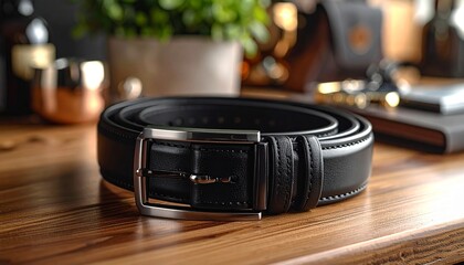 Elegant black belt on wooden desk