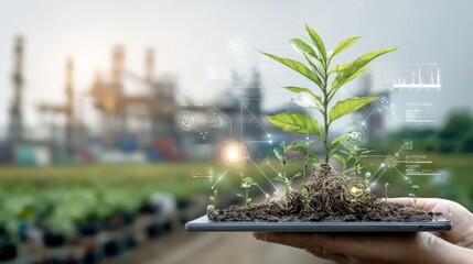 Innovative environmentally friendly digital technology concept showcasing a young green plant growing on a digital tablet in a futuristic industrial cityscape background