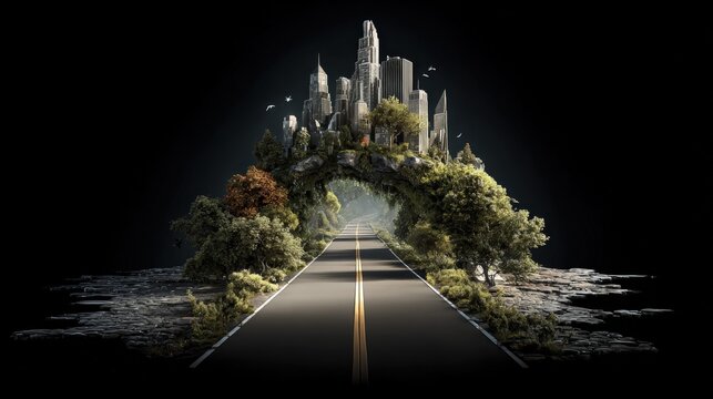 Futuristic Cityscape with Skyscrapers and Nature on an Elevated Island Connected by a Modern Road Under Dark Sky