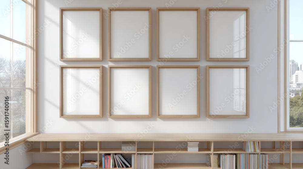Poster elegant minimalist display wall with empty wooden frames arranged in a grid pattern in a bright mode