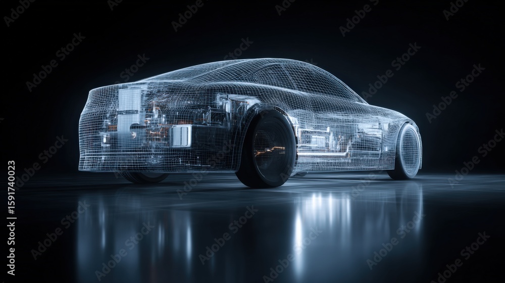 Aufkleber highly detailed 3d wireframe model of a modern electric car with transparent outer and visible inner