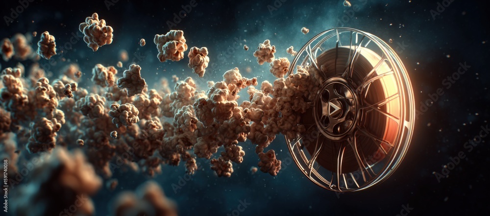 Poster futuristic space exploration scene with rocket and clouds of dust orbiting a planet in deep space un