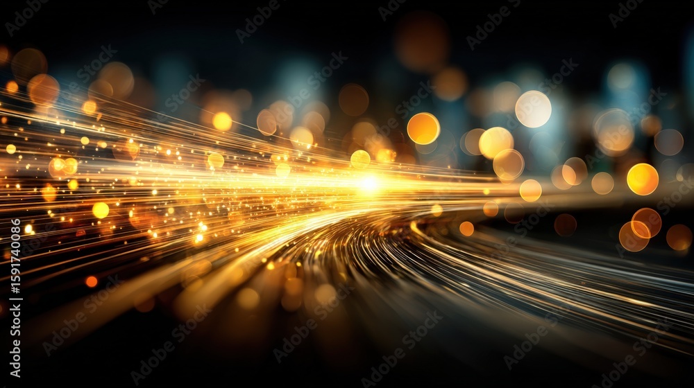 Poster futuristic light trails in motion with bright sparkles and glowing bokeh effects on a dark backgroun