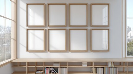 Fototapeta premium Elegant minimalist display wall with empty wooden frames arranged in a grid pattern in a bright modern room with large and natural light