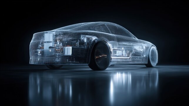 Highly Detailed 3D Wireframe Model of a Modern Electric Car with Transparent Outer and Visible Inner Components on Dark Background