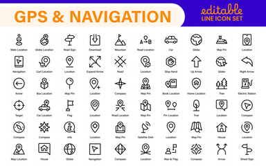 GPS and Navigation Line Icons Pack. Location marker, street map, travel route, direction arrow, geofence, and compass icons. Modern outline collection.