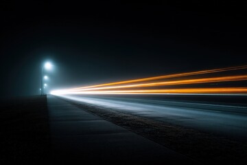 Long Exposure Night Road Scene with Car Light Trails and Foggy Atmosphere Creating a Dynamic and Atmospheric Urban Environment