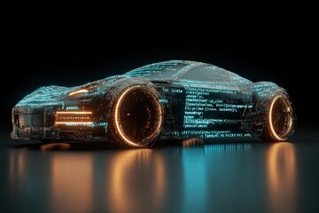 Futuristic digital hologram car concept glowing with neon lights and streaming data effects on a reflective surface in a dark environment