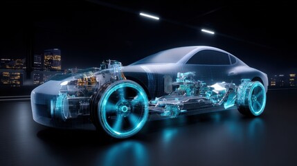 Futuristic sleek silver autonomous electric car with holographic digital overlay showcasing internal components in a modern city at night illuminated by streetlights