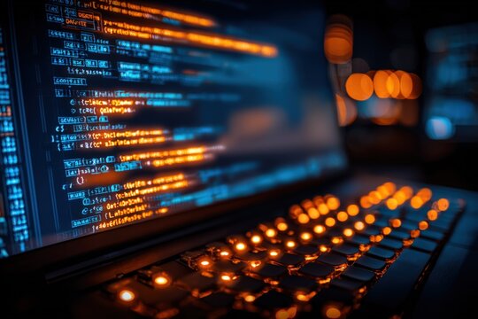 Close-up of a computer monitor displaying colorful programming code with a backlit keyboard in a dark tech workspace environment