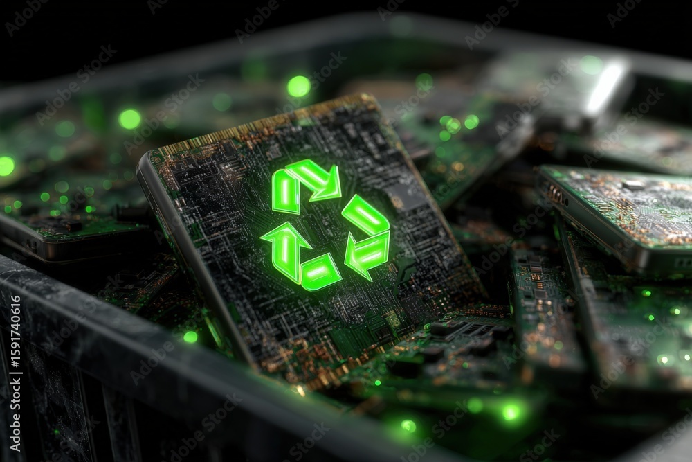 Poster close-up of multiple computer circuit boards with green led lights and a central circuit chip featu 