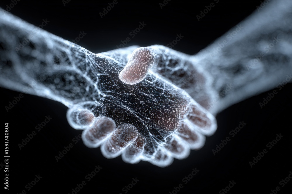 Poster close-up of two hands made of glowing digital wireframe mesh performing a handshake in a futuristic 
