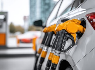 Electric vehicle charging station with multiple charging cables plugged into an eco friendly modern car at a public charging point in an urban environment du daytime
