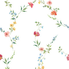 Seamless watercolor floral pattern with hand-painted wildflowers and leaves. Soft pink, yellow, and blue blossoms. Ideal for wallpaper, fabric, nursery decor, and spring-themed designs.