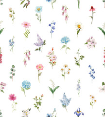 Watercolor wildflower seamless pattern hand-painted botanical elements scattered on white. Perfect for fabric, wallpaper, and vintage floral projects.