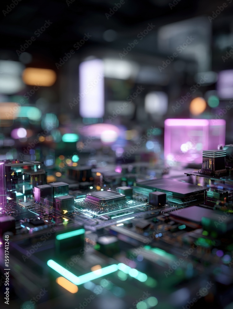 Aufkleber close-up of a futuristic computer motherboard with vibrant colorful glowing electronic components il