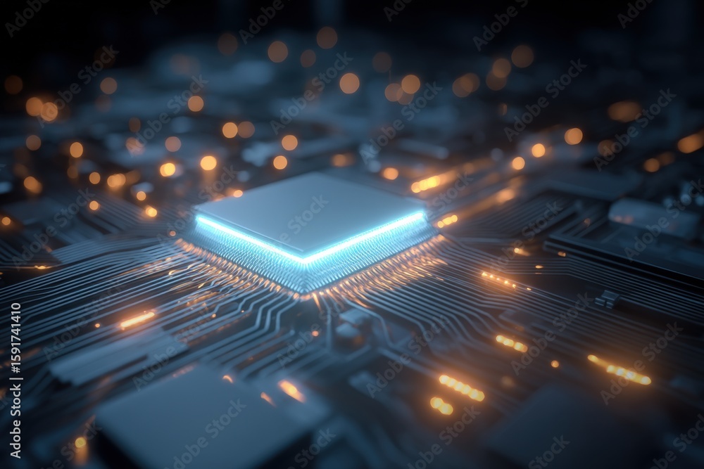 Poster close-up of a futuristic microprocessor chip on circuit board illuminated with glowing wi and techno