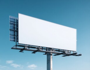 Fototapeta premium Large Empty Outdoor Billboard Signboard with Solar Panel Attachment and Clear Blue Sky Background for Advertising and Promotion