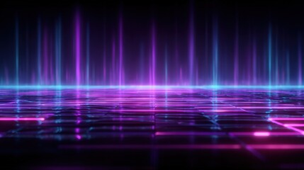 Futuristic digital landscape with neon light streaks and grid reflection in vibrant purple blue colors for sci-fi technology concept