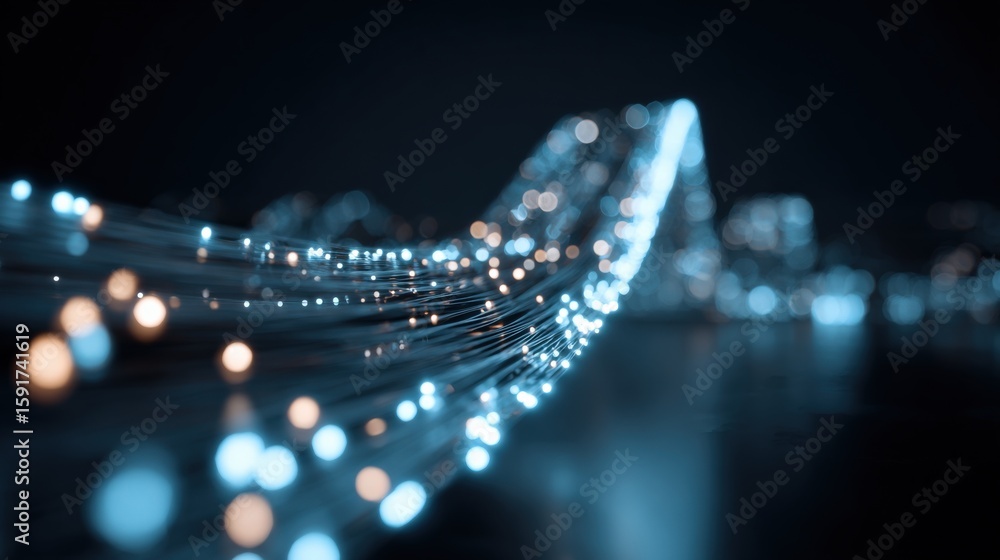Poster abstract futuristic digital light trail visualization with glowing bokeh effects on dark background 
