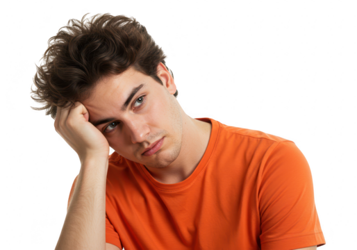 A young man with messy hair, wearing an orange tshirt, rests his head on his hand looking bored, isolated on transparent background