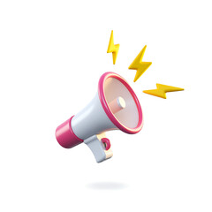 Pink megaphone with lightning isolated on white background