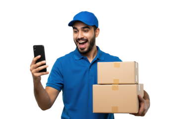 A happy delivery man in a blue cap and shirt holds packages and looks at his smartphone, isolated on transparent background