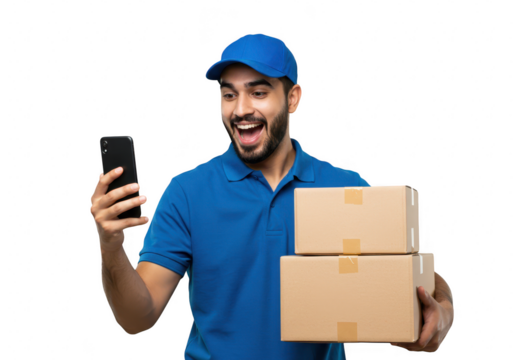 A happy delivery man in a blue cap and shirt holds packages and looks at his smartphone, isolated on transparent background