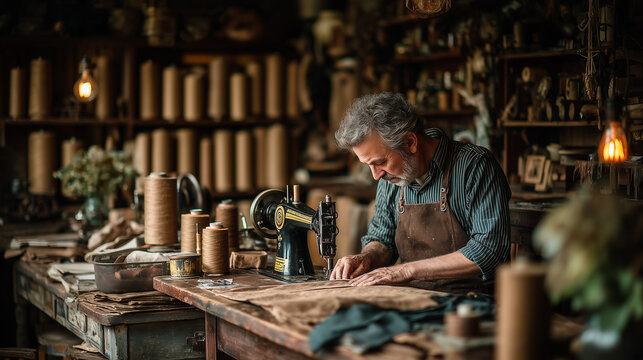 An elderly craftsman in a leather apron carefully sews on a vintage sewing machine in a cozy workshop full of spools of thread and tools.
