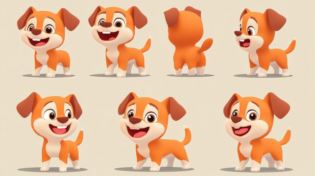 Complete dog character rig with separated limbs and features, playful chibi puppy design with oversized round head, multiple mouth expressions and eye shapes showing different moods, various ear flop