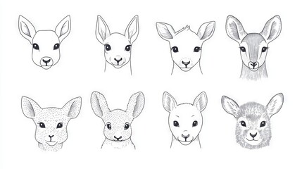Fototapeta premium continuous line drawing set featuring seven charming animal heads, gentle expressions with dot eyes and tiny mouths, unbroken black outline technique, minimalist wildlife portraits, childlike