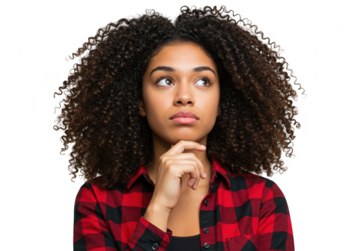 A young woman with curly dark hair and a red plaid shirt touches her chin thoughtfully, isolated on white isolated on transparent background
